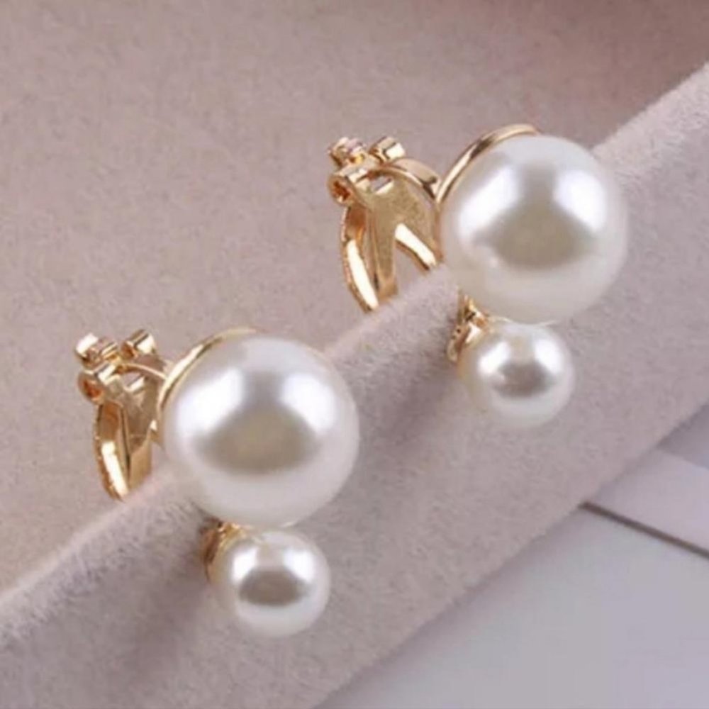 Clip On Double Pearl Lightweight Huggie Earrings